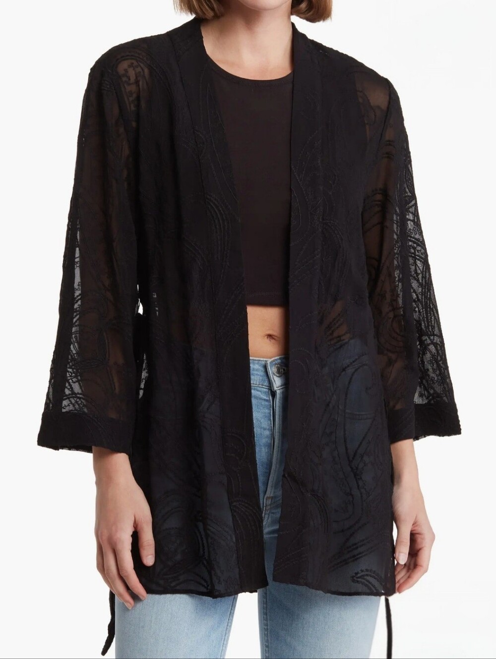 All Saints Carina Ossia Embroidered Tie Waist Wrap Kimono Sheer Black Size 2 - Picture 3 of 8